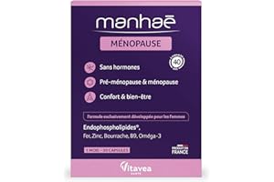 Vitavea - Manhaé - Complément Alimentaire Ménopause et Pré-Ménopause Sans Hormones - Confort et bien-être pendant la ménopause - Acide Folique, Omega 3, Zinc, Fer, 30 gélules, Cure de 1 mois