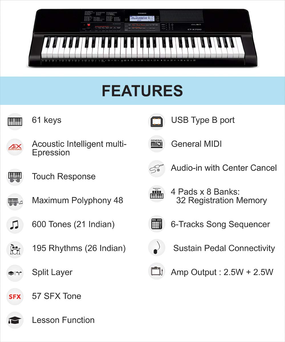 Casio CT-X700 61-Key Touch Sensitive Portable Keyboard with Carry Case (Black) - Image 3
