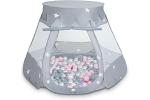 Selonis Tente 105X90cm/100 Balles Château avec Les Balles Plastiques Piscine À Balles pour Enfants, Gris: Perle-Gris-Transparent-Rose Poudré