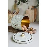 EVLE-Terrazo Desenli Yuvarlak Metal Saklama Kabı, Erzak Saklama Kabı - Organizer Kutu 14 Cm X 12,5 Cm (Terrazzo Cream)