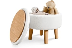 BRIAN & DANY Footstool with Storage, Small Storage Ottoman, Faux Fur Round Stool with Lid, Foot Stool with Legs for Living Room Entryway, White