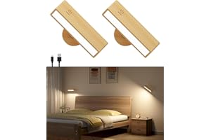 DetarZinLED Lámpara de Pared con Batería de Carga USB, Lampara Mesita Noche Recargable, Apliques de Interior Adhesivos para Dormitorio sin cable (Madera de haya, 2 Pcs)