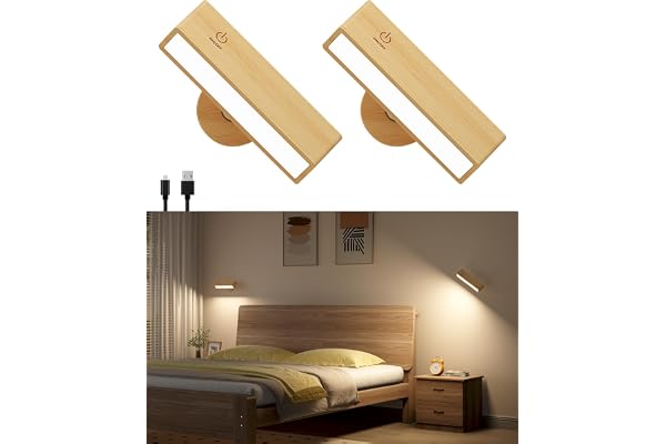 DetarZinLED Lot de 2 Applique Murale Intérieure Bois,Lampe Murale Sans Fil Rechargeable USB,Réglage de La Luminosité Applique Murale Sans Fil Chambre,Lampe de Chevet Tactile