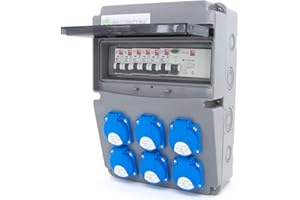 ELS Elektrotechnika Wandverteiler 230V 16A mit 6 x Schuko Steckdose Baustromverteiler 11-polig Verteilerkästen 1 x FI-Sicherung 40A - 30mA Stromverteiler 6 x LS C16A Schutzschalter Feuchtraumverteiler