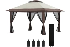 Outsunny Carpa Plegable Pop-up 4x4x2,8 m Cenador de Jardín con Paredes Altura Ajustable Anti-UV Impermeable Doble Techo Mosquiteras y Bolsa de Ruedas Gazebo para Exterior Fiestas Camping Beige