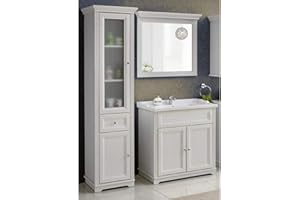 Lomadox Landhaus Badmöbel Set ● Andersen Pine weiß im Landhausstil ● 80 cm Waschtischunterschrank inkl. Keramik Waschbecken ● Hochschrank mit 2 Türen und Schubkasten und Spiegel