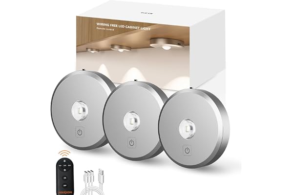 MEKKLEON Puck lumières avec télécommande Rechargeable, sans fil sous l’éclairage d’armoire,2000mAh à piles Tap Push Touch lumières (couleur bois, 3 Pcs) (Silver, 3 Pcs)