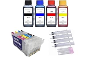 PATRONENPROFIS Wiederbefüllbare Patronen mit Auto Reset Chips T35 XL + 400 ml Nachfülltinten Black, Cyan, Magenta, Yellow kompatibel mit Epson Workforce Pro WF-4720, WF-4725 WF-4730, WF-4735, WF-4740
