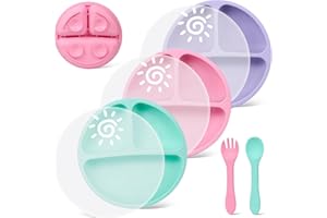 Bathola Silikon Baby Teller mit Saugnapf und Deckel, Sonne Muster Geteilte Kindergeschirr Set mit Gabeln und Löffel, BPA-Frei Babyteller Kinderteller, 3 Stück (Grün/Lila/Rosa)