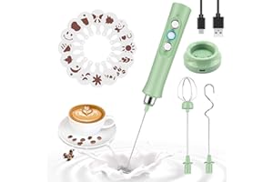 MEETOZ Espumador de leche silencioso, batidor de espuma de mano, recargable por USB, chocolate caliente, 3 batidores de acero inoxidable (16 plantillas de arte gratis) (verde)