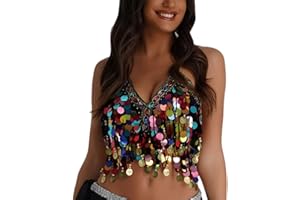 SAMHENG Sequined Latin Belly Dance Bra Top, Women's Glittery Sequins Halter Neck Fringe Tassel Latin Belly Dance Crop Tops, Sexy Strappy Backless Tube Top Tank for Party Club Carnival Clubwear Rave Outfits