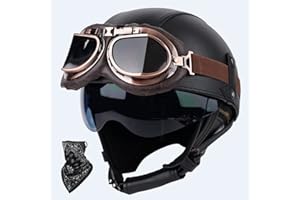 BEYSWAGE DOT/ECE Genehmigt Leder Halbschalenhelm, Retro Motorrad Halbhelm mit Brille, Schnellverschluss Schnalle, Erwachsene Halbschale Jet-Helm, Scooter-Helm, für Cruiser, Scooter(55~62CM)