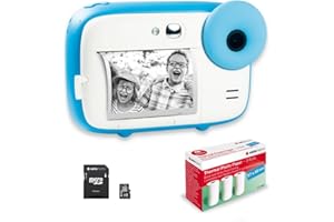 AGFA Photo Realikids Instant Cam + 1 Micro-SD-Karte 32 GB + 3 Rollen Thermopapier ATP3WH – Sofortbildkamera für Kinder, LCD-Display 2,4 Zoll, Selfie-Spiegel und Fotofilter – Blau