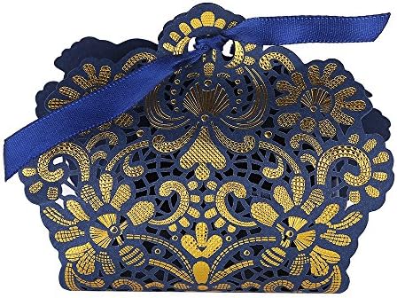 25PCS Laser Cut Wedding Favor Candy Gifts Box With Ribbon Wedding Birthday Party Candy Boxes (Navy Blue)