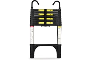 HBTower Escamotable en Aluminium,Echelle telescopique 2.6M/8.5FT avec Crochets,Echelle plianteConvient aux Camping-Cars, greniers, extérieurs et intérieurs, Charge Max 150 kg (Noir)