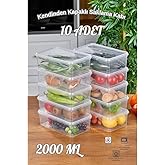 Arel - Set of 10 Side Opening Storage Containers with Lids, 10 Pieces 2000ml Rectangular Transparent Self Lid Storage Containers, BPA Inward