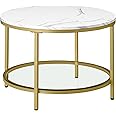 VASAGLE Coffee Table, Living Room Table, Sofa Cocktail Table Faux Marble Round, Tempered Glass Storage Shelf, Easy to Assemble, Modern Style, for Living Room, Marble White and Pale Gold LCT072W59