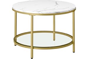 VASAGLE Mesa de Centro, Mesita de Salón, de Mármol de Imitación Redonda, Estante de Vidrio Templado, Montaje Fácil, Estilo Moderno, Blanco Mármol y Dorado Claro LCT072W59