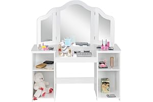 COSTWAY Toeletta per bambini in Legno, Design Smontabile 2 in 1, Mobile da Trucco Stile Principessa con 4 Mensole e Specchio, Mobile per Il Trucco per Bambini (Bianco)