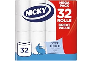 Nicky Soft Touch Toilet Tissue - 32 Rolls of Extra Gentle White Toilet Paper, 190 Sheets per Roll, 2-ply, Soft Tissue, Modern Embossing, Easy Opening, 100% FSC Certified Paper