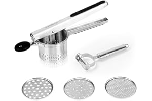 PHILORN Presse Purée Manuel, Presses à Pommes de Terre Professionnel, Ricer Broyeur Masher pour Spätzle, Légumes, Agrumes - Poignées Tactiles Douces, 3 Remplaçables en Fin, Moyen, Grossier Côté