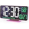 KOSUMOSU Pink Digital Clock 6.7in Desk Clock with Dual Alarm Clock, Dimming, 12/24h, Date, Day of Week, Temp, Digital LED Clock, Alarm Clock for Table, Digital Calendar Table Clocks for Bedrooms