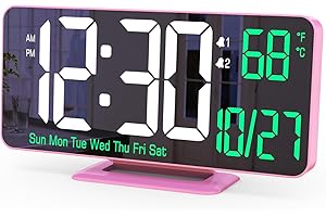 KOSUMOSU Rosa Wecker mit 17 cm (6,7 Zoll) Doppelalarm, Dimmung, 12/24 Stunden, Datum, Wochentag, Temperatur, Digitale LED-Uhr, Wecker für Tischdekoration