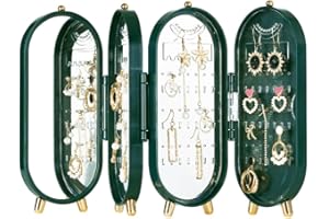 Kikuo Earring Holder with Mirror, ABS Jewelry Storage Rack, Large Capacity, Foldable Screen Dustproof Earring Jewelry Storage Rack, 4 Door Jewelry Rack with Earring Box 153 Earring Slots