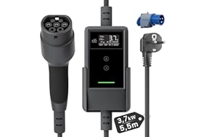 dé Chargeur Voiture Electrique 3,7kW 5,5m [0,85m+4,65m, 6A-16A] Cable Recharge Voiture Electrique Type 2 avec Support Mural, Numérique LCD, Compatible avec Model Y, E-208, 500e et Autres EV/PHEV
