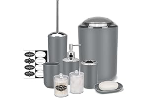 IMAVO Bathroom Accessory Set - 8 Pcs Grey Bathroom Accessories Set with Trash Can, Soap Dispenser, Soap Dish, Toothbrush Holder, Toothbrush Cup, Toilet Brush Holder, Qtip Holder Dispenser with Labels