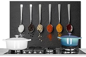 KitchenYeah© Antisalpicaduras Cocina 90x60 cm Protector Salpicaduras Pared Chapa Aluminio Kitchen Panel Vitrocerámica Accesorios Salpicadero Decoración Especias - Cucharas - Mesa - Rústico