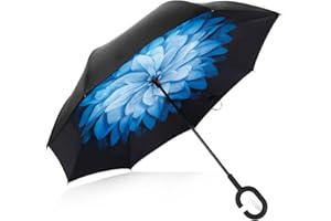 Deerbird® Voiture Inversé Parapluie Double couche Anti-ultraviolet Ceinture Poignée en caoutchouc de Type C Résistant au vent Parapluies, Tous Temps Autonome Défaut Parapluie - Fleur Bleue