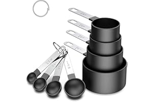 HUAMIRRA Messlöffel set,Gramm Measuring Cups and Spoons Set, Messlöffel set 8 Teiliges Set, Kunststoff Messbecher und löffel mit Edelstahlgriff, Messwerkzeug für Flüssigkeiten und Feststoffe,Schwarz