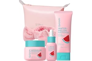 QUIYUM Set de Cuidado de la Piel con Niacinamida y Sandía, Coffret 4 Piezas para Mujeres y Adolescentes con Gel Limpiador, Sérum, Crema Hidratante y Banda, Rutina Glow Up