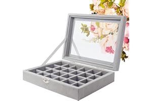 SUPPRUI Earrings Storage Organiser Velvet Jewellery Rings Display Box with Clear Lid Showcase for Home, Shop, Dressing Room (Grey-24Grids)