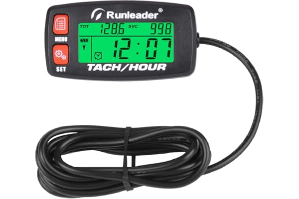 Runleader Tachymètre de compteur horaire,rappel de maintenance,tr/min d'alerte, affichage rétroéclairé,batterie remplaçable pour le générateur de tondeuse, marine et alimenté au gaz.(Button-RD)