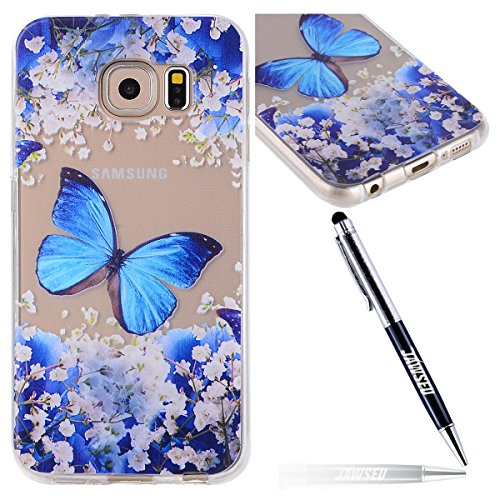 Galaxy S7 Hülle,Silikon Schutzhülle für Samsung Galaxy S7,JAWSEU Schön Blau Blume Schmetterling Muster Kristall Klar Anti-Scratch Weich Flexibel Bumper Tpu Gel Handyhülle Ultradünn Durchsichtige Tasche Case Cover Etui für Samsung Galaxy S7+1xSchwarz Glitzer Bling Eingabestift-Blau Blume Schmetterling