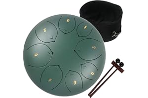 Amkoskr Tamburo in Acciaio a 8 Pollici 20 cm, Steel Tongue Drum, C Major 8 Note, Tamburo Handpan, Strumento a Percussione con Bacchette per Tamburi e Borsa, Verde