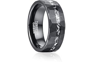 Vakki 8mm Herren Schwarz Wolfram Ring mit Gehämmerter, Strukturierter Einlage aus Meteorit für Hochzeit, Jahrestag, Geburtstag, Größe 54.4(17.3)-67.2(21.4)