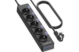 AUOPLUS Steckdosenleiste Einzeln Schaltbar, 5 Fach Mehrfachsteckdose mit 1 USB-C und 3 USB-A, Steckerleiste Überspannungsschutz (3680W/16A), Verteilersteckdose mit Kindersicherung für Zuhause, Büro, 3M Kabel