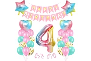 BLUELVES Luftballon 4 Geburtstag Rosa, Geburtstagsdeko 4 Jahr Mädchen, Riesen Folienballon 4 Rosa, Deko 4 Geburtstag Mädchen, Ballon 4 Deko zum Geburtstag, Bunt Folienzahlen Ballons 4, Banner