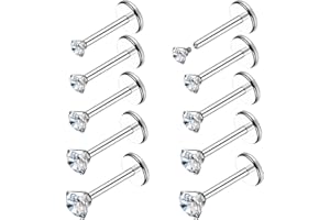 Telooco 10 Pcs 18G Flat Back Nose Stud Surgical Steel Earrings Studs Anti-allergic Silver Internally Threaded Labret Stud Tragus Piercing Jewellery (Gold)