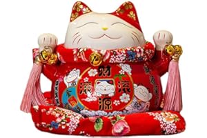 DROPEE Gato Maneki Neko - Gato Japones de la Suerte, Lucky Cat Japanese con Borla de Estilo Chino y Campana de la Suerte, Gato de la Suerte Chino para el hogar, la Oficina(Rojo)