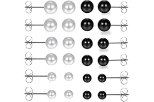 Aroncent 12Paires Boucle d'oreille Clous d'oreilles Ronde Perle 3mm-8mm pour Femme/Homme Bijou Fantaisie Couleur Blanc Noir Acier Inoxydable Boucle Oreille