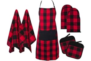 Kaxich Ofenhandschuhe, Topflappen, Küchentücher und Schürze, Baumwollfutter Schürzenset Hitzebeständige Topfhandschuhe für die Küche die Kochen Backen BBQ (7 Stück)