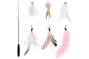 SONGWAY Giochi con Piume per Gatti - 7 Pezzi Giocattoli Interattivi con Piume, 1Rettrattile Bacchetta per Gatti con 6 Ricariche di Piuma con Campana, Rosa