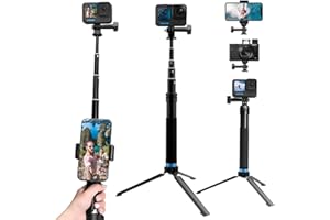 AuyKoo Impermeable Palo Selfie para Go Pro con Aleación de Aluminio Trípode+Clip para Smartphone Adecuado Monopie para Hero 11 10 9 8 7 6 5 4 Black,SJCAM,Sony,Insta360,dji OSMO,iPhone,Samsung