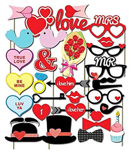 Veewon Neue Mode Hochzeit Foto Booth Requisiten Hochzeitsfeier Fotografie Stütze Photobooth 32pcs Lustiger Schnurrbart, Frau, Rosen-Blumen, Liebes-Herz, Gläser, Hüte