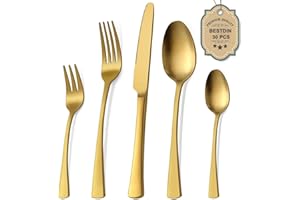 Bestdin Juego de cubiertos 30 piezas, set de cubiertos dorado mate para 6 personas, cubiertos de acero inoxidable pulido a espejo, juego de cuchillo, tenedor, cuchara, apto para lavavajillas