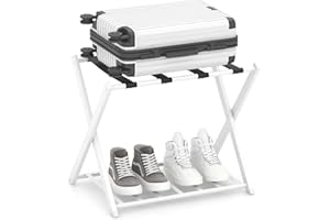 COSTWAY Portavaligie Pieghevole, Porta Valigie Poggia Bagaglio a 2 Ripiani, Cavalletto da Valigie, per Hotel e Viaggio, in Metallo, 68 x 43 x 56 cm (Bianco 1)